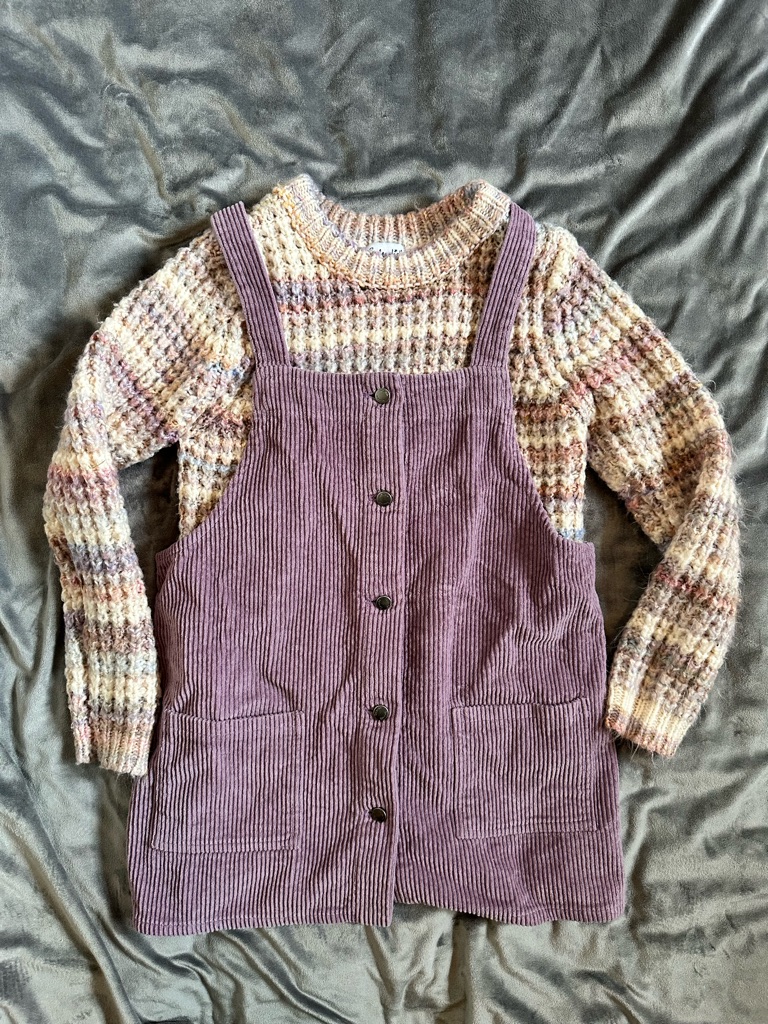 Splendid Purple Corduroy Pinafore With Cream Multi-Color Sweater